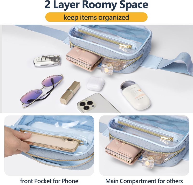 Packism Clear Fanny Pack for Women - Plus Size Wiast Range 35" - 51" Clear Belt Bag Stadium Approved PVC & Quilted Cotton Transparent Waist Bag for Sports & Concerts, Dusty Blue - Image 3